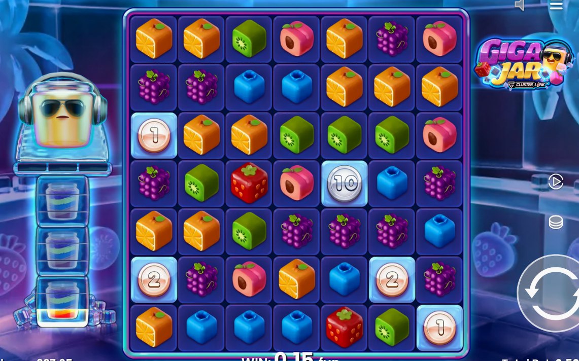 Base game 7x7 grid of fruit cubes in play