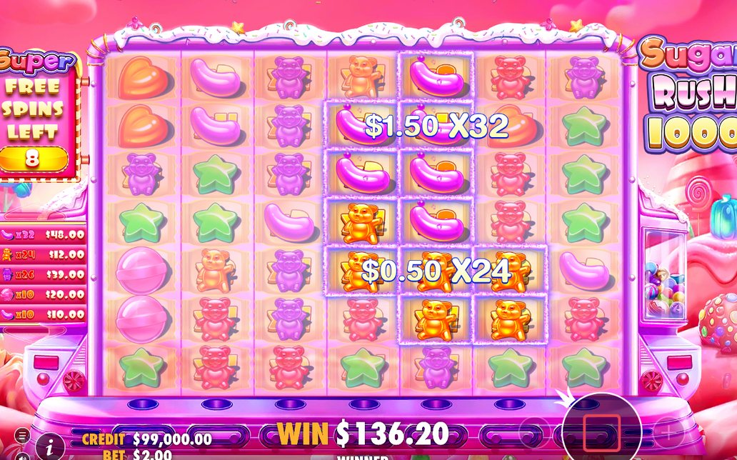 Win screen after a tumble chain with a cluster payout